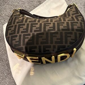Fendi Black and Gold Logo Hobo Bag